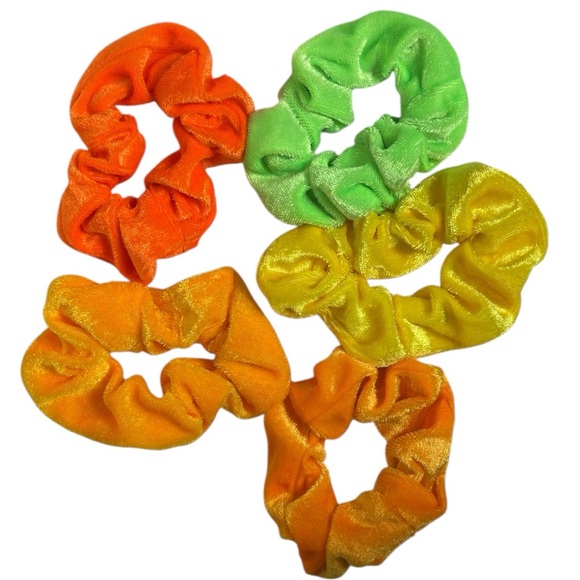Forever 21 5-Piece Set of Neon Scrunchies Hair Ties Orange Yellow Green NWOT - Picture 2 of 7
